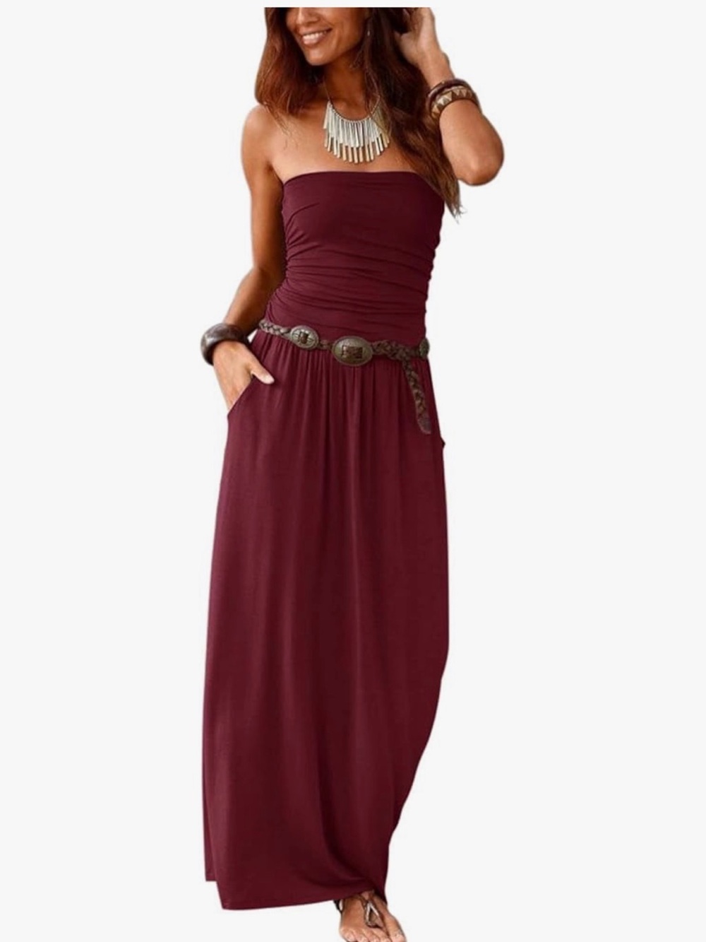 Burgundy Strapless Maxi Dress with Pockets | Boho Tube Dress XL New